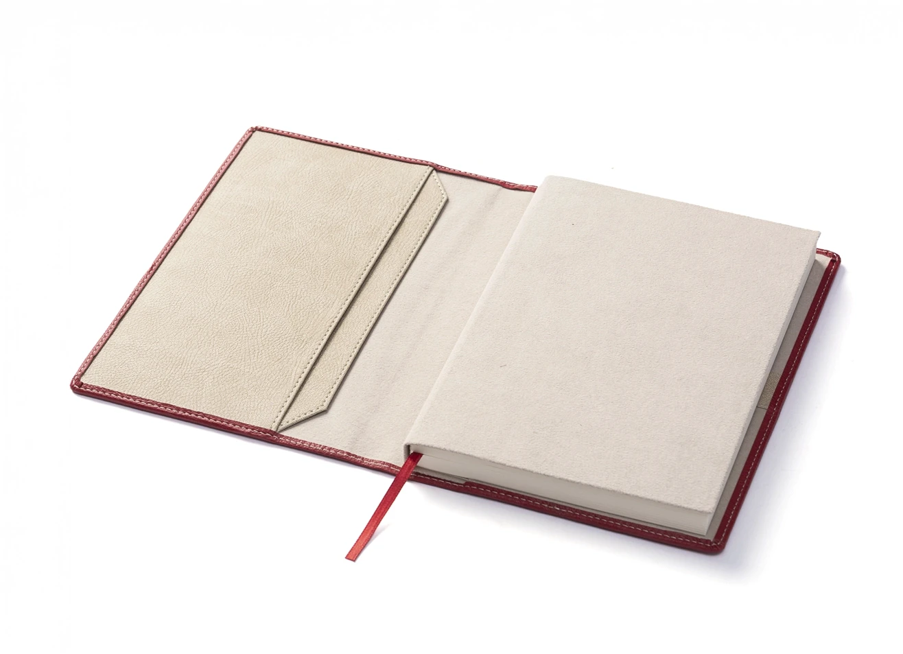 Open cover revealing beige interior lining and large document pocket.