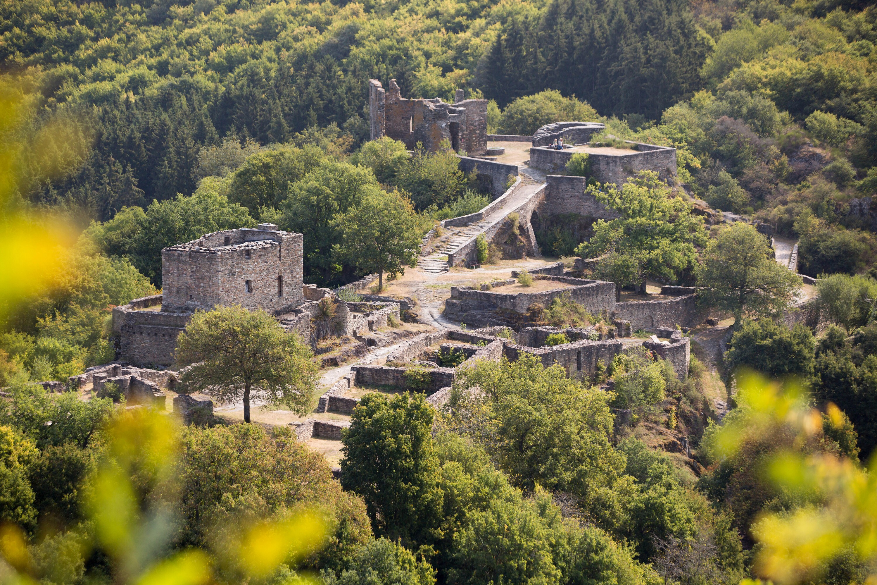 Schmidtburg im Naturpark Soonwald-Nahe Die im 11. Jahrhundert erbaute Schmidtburg bewachte vom 11. bis 13. Jahrhundert eine aktive Mine. Heute ist die Ruine die älteste Burganlage im Nahe- und Hunsrückraum. Sie ist freizugänglich und besonders für abenteuerliche Naturbegeisterte interessant. Für 1,50 € pro Wandernase darf hier im eigenen Zelt übernachtet werden. Unter den Sternen feiern und am Lagerfeuer träumen, so macht Wandern Spaß!
