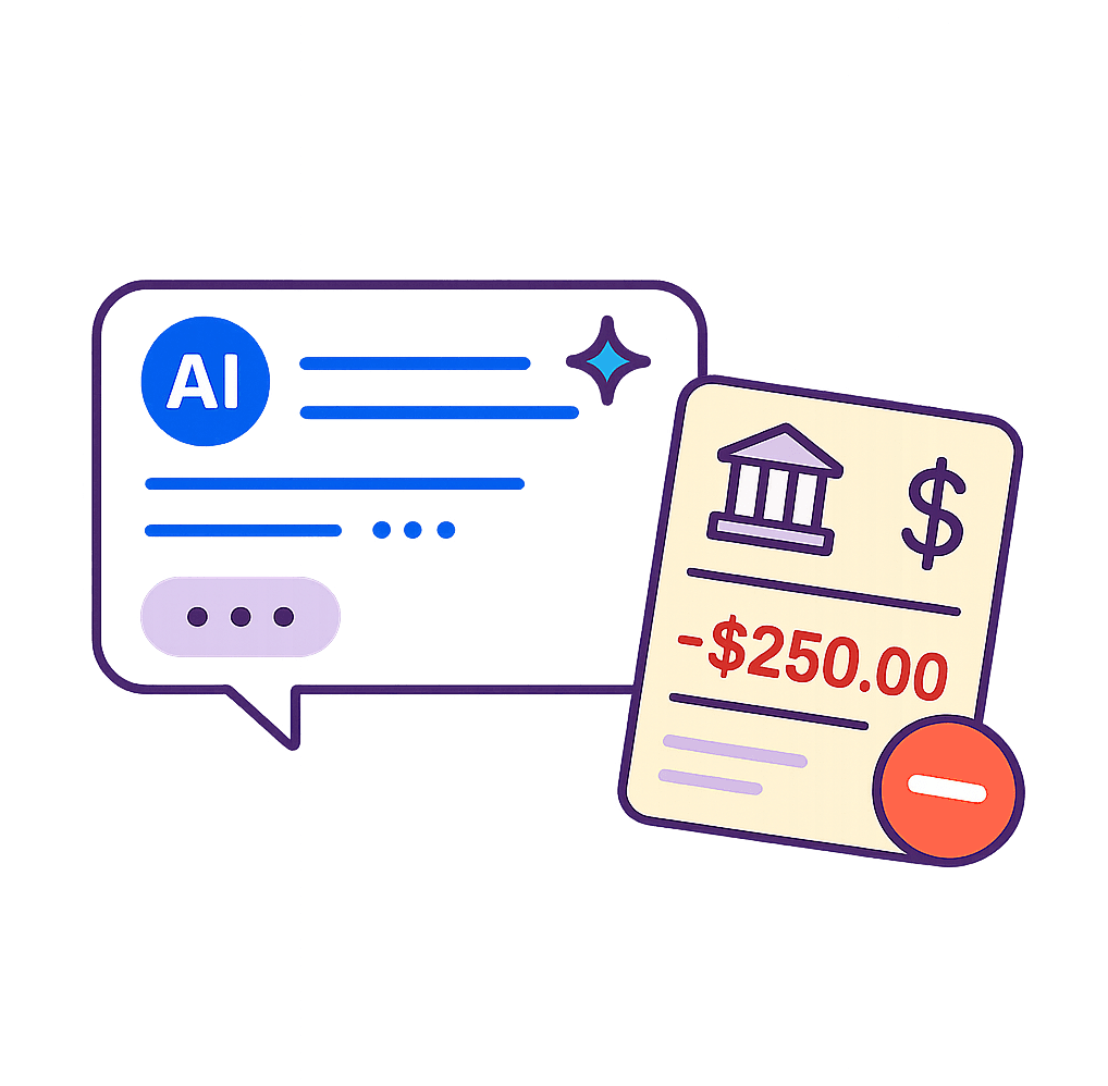 AI chat bubble behind a bank statement showing a negative balance.