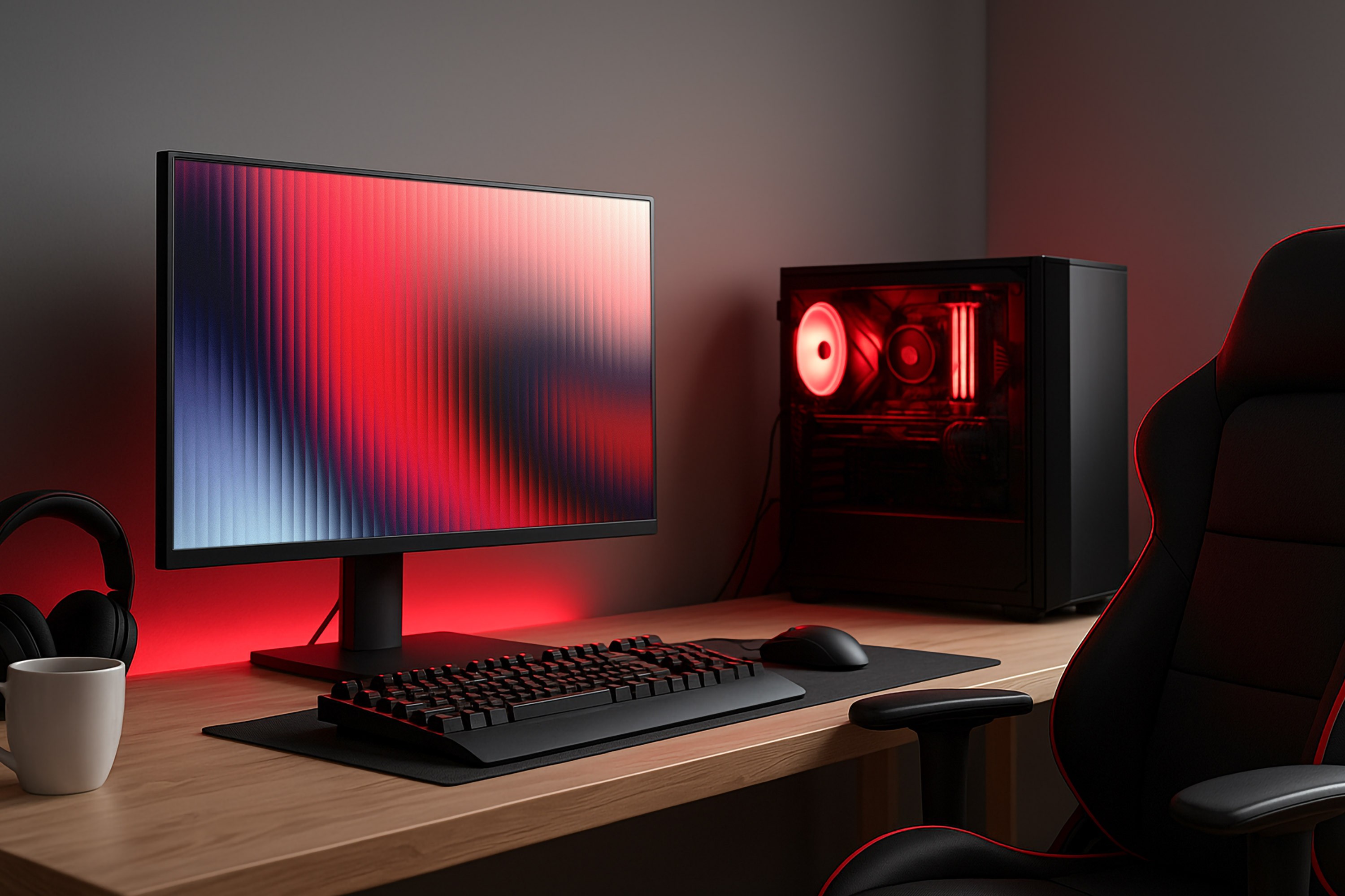 A dimmed office setting with an illuminated computer tower, monitor, mouse, keyboard, headset, and a chair neatly set-up.