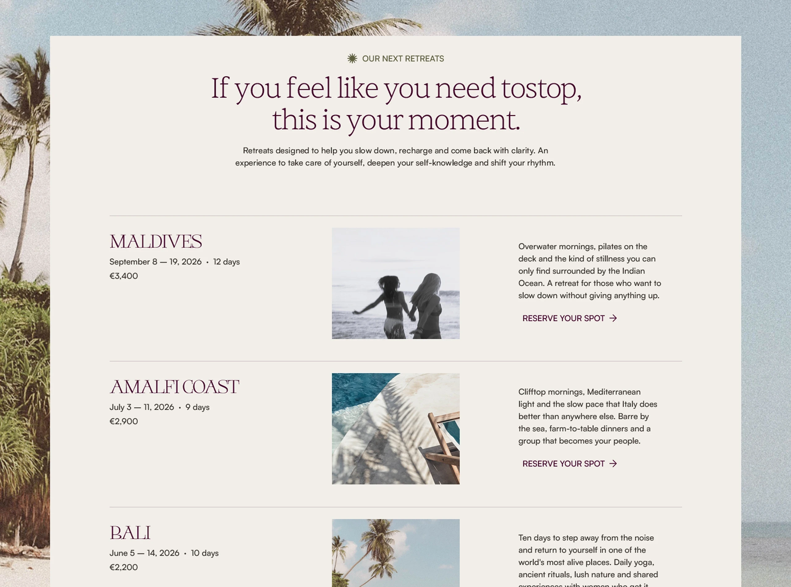 Diseño web de retiros para marca de wellness