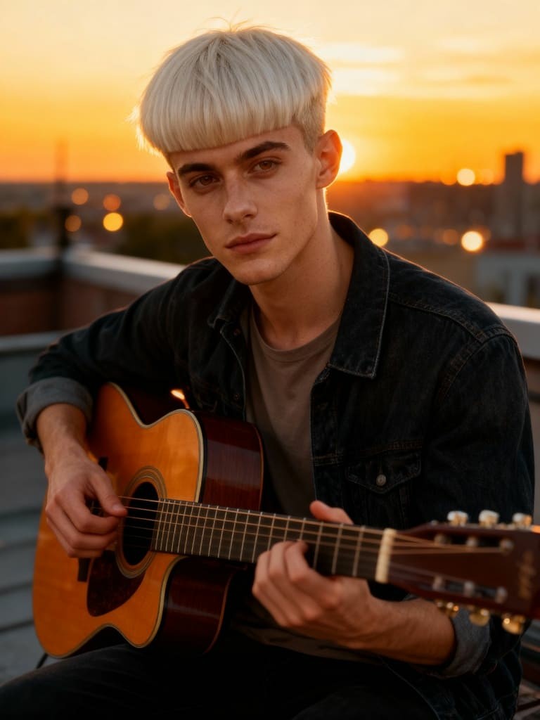 Man playing rooftop guitar, using InVideo AI features for warm sunset scene.