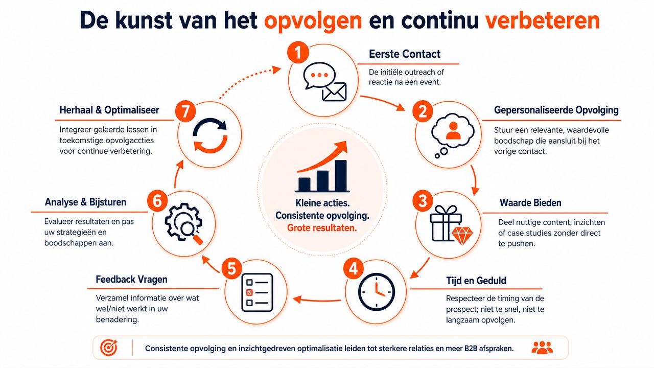 Een overzichtelijk schema over de kunst van consistente opvolging en continu verbeteren voor betere B2B resultaten.
