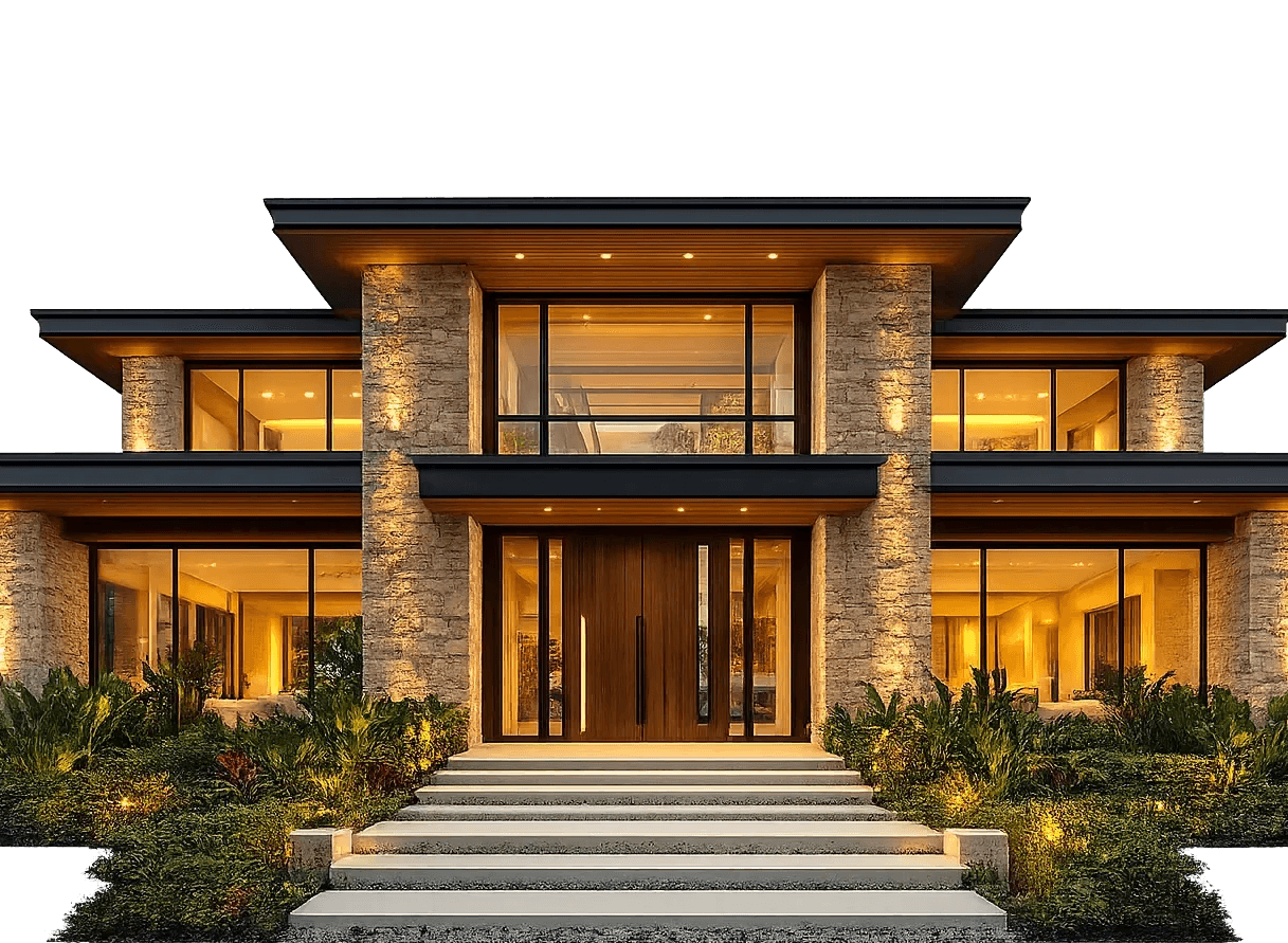 Modern multi-level home with large glass windows and layered terraces at dusk.