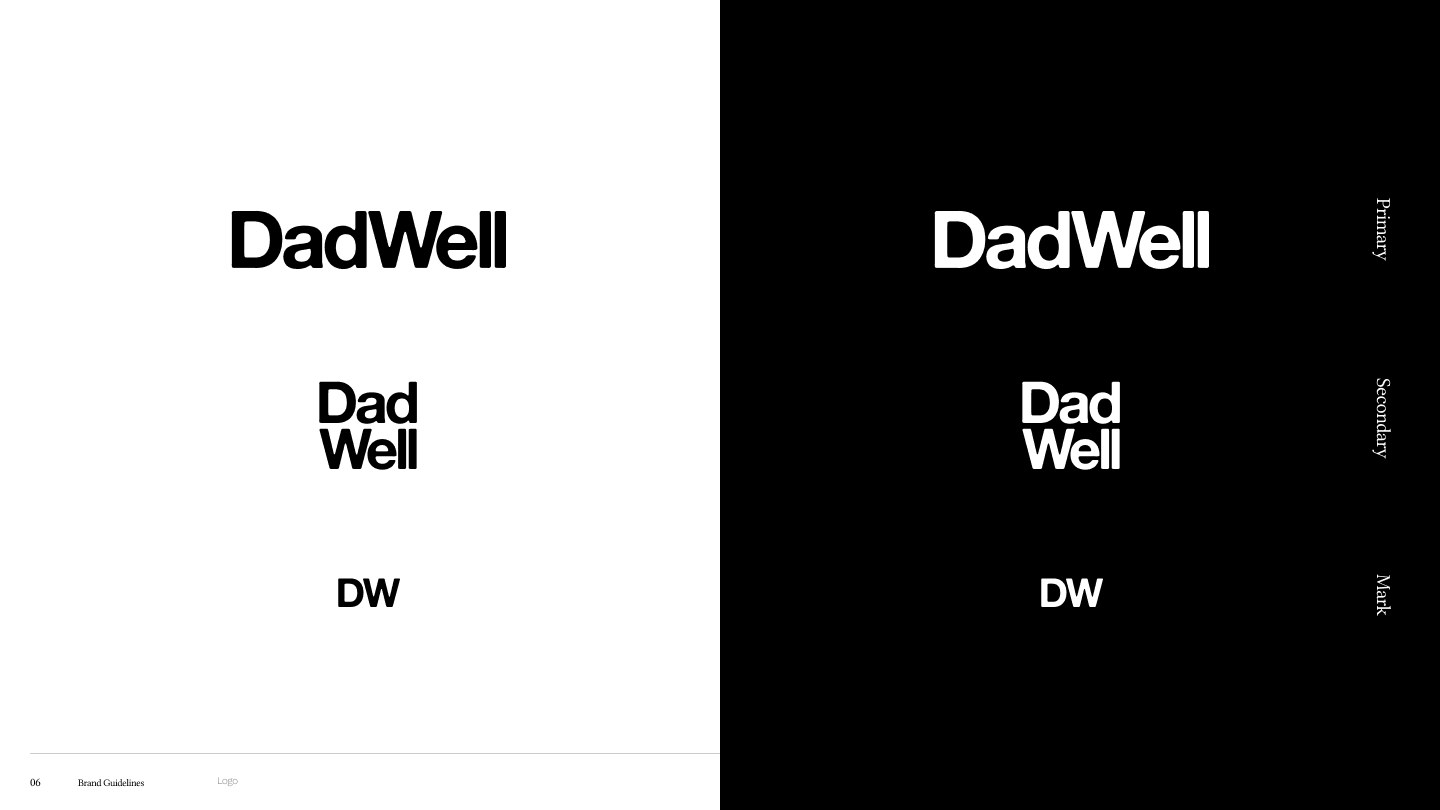The DadWell logo in light and dark, the wordmark, the stacked lockup and the DW mark