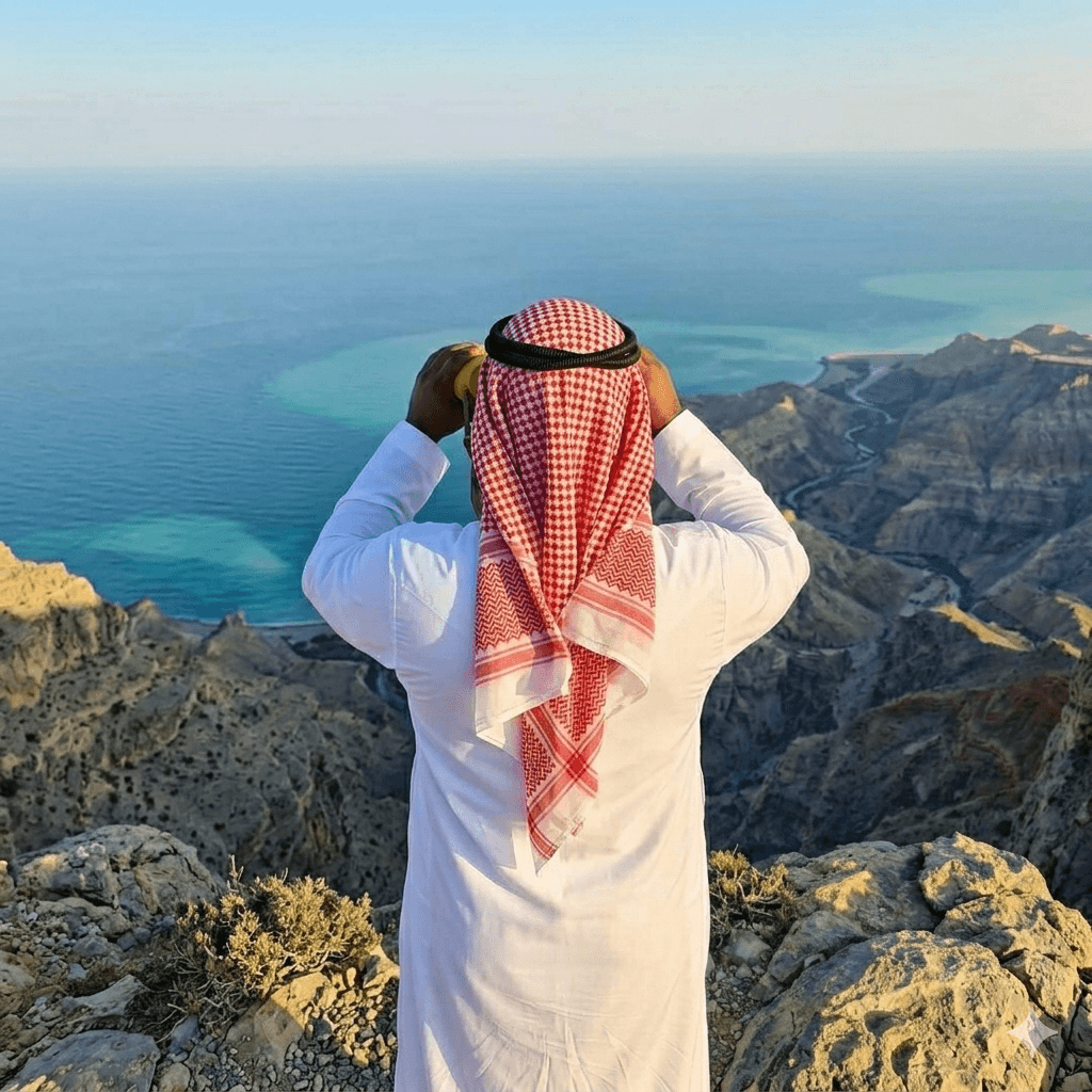 A man viewing the sea from a hill with binoculars