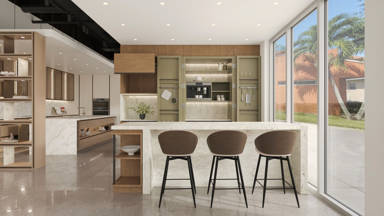 Kabeenet Showroom wide showroom and kitchen view with large windows, warm shelving, and marble island