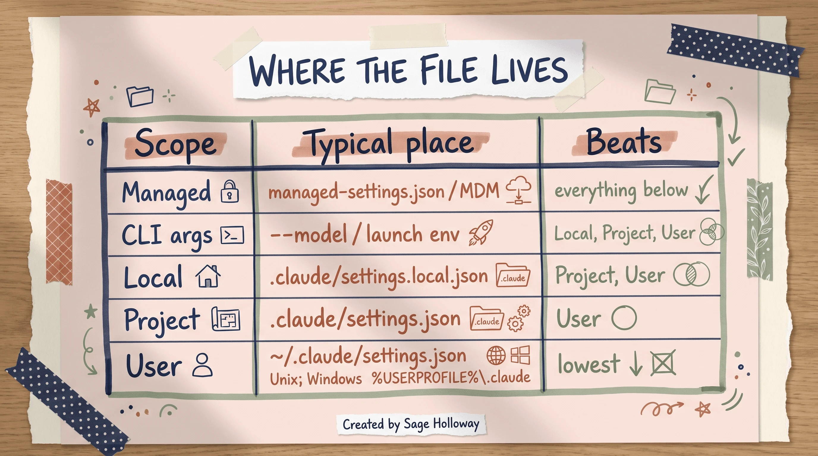 Table of Claude Code settings file locations for managed, local, project, and user scopes