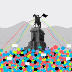 Portada de Juventud y política, estudio de IdeaPaís, mostrando una ilustración de la estatua de Baquedano y personas con pancartas a su alrededor. 