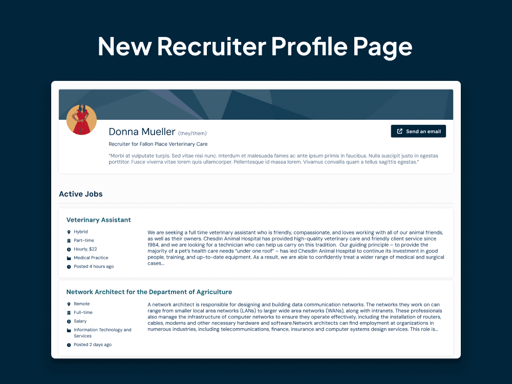 A design of the new profile page for recruiters. It has a professional introduction followed by the jobs that the recruiter has posted.