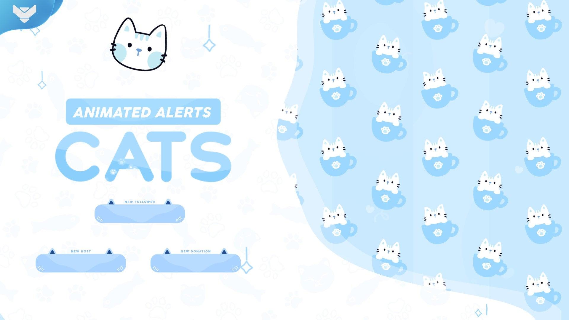 Blue version of Cats animated stream alerts by StreamSpell — features adorable white kittens inside teacups on a pastel blue background. Includes alerts for new follower, donation, and host. Ideal for cute Twitch stream setups. Compatible with OBS Studio and Streamlabs.