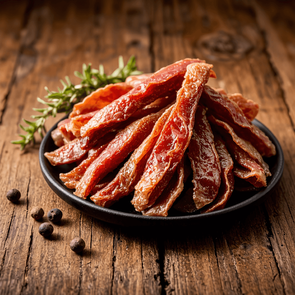 product photography of plate of dried meat strips