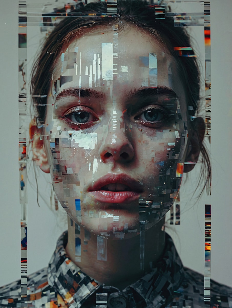 A close-up portrait of a woman with a patterned shirt, partially obscured by intricate digital overlays on her face.