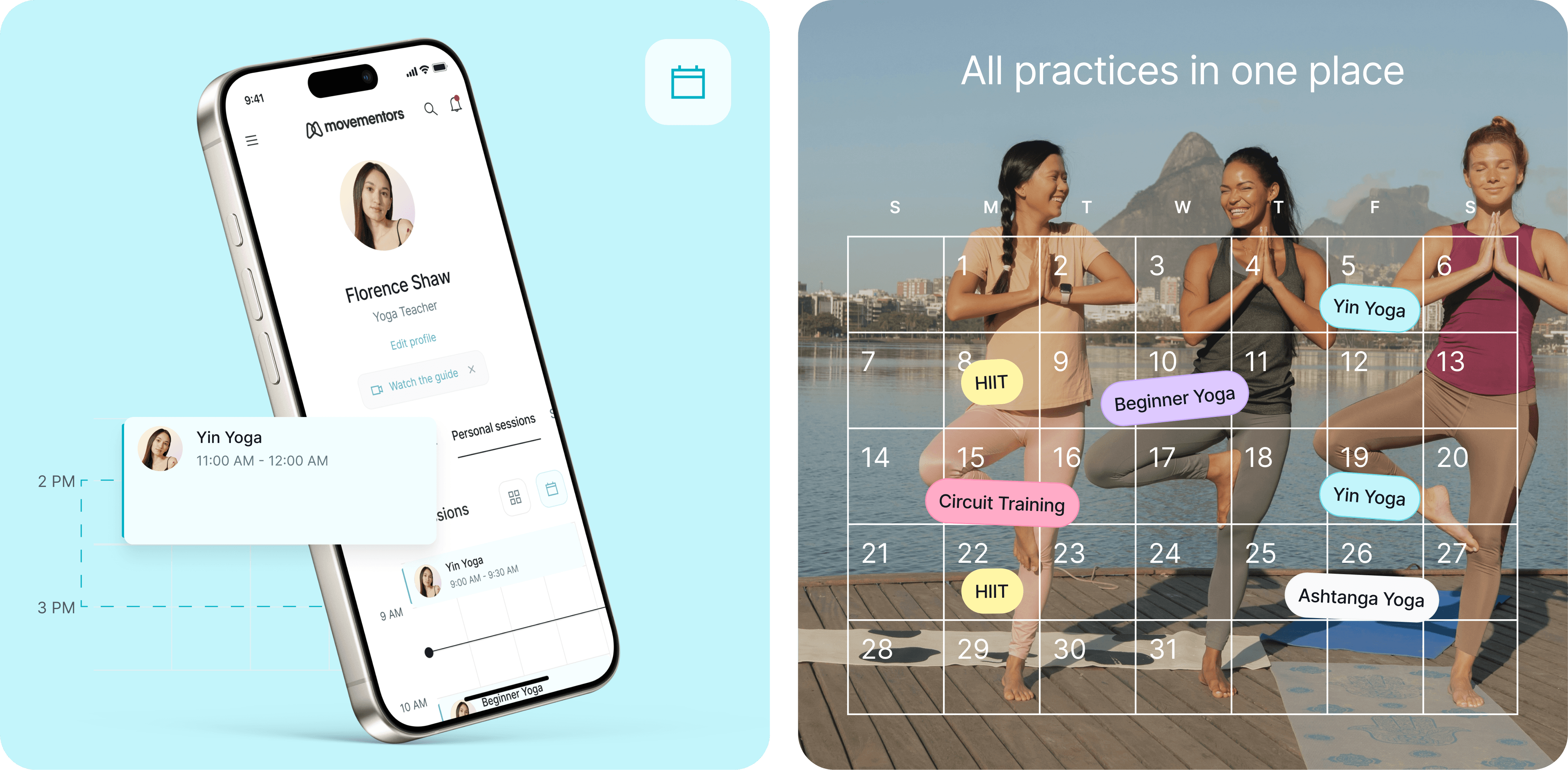 A smartphone showing an app interface beside three women posing outdoors with colorful text overlays.