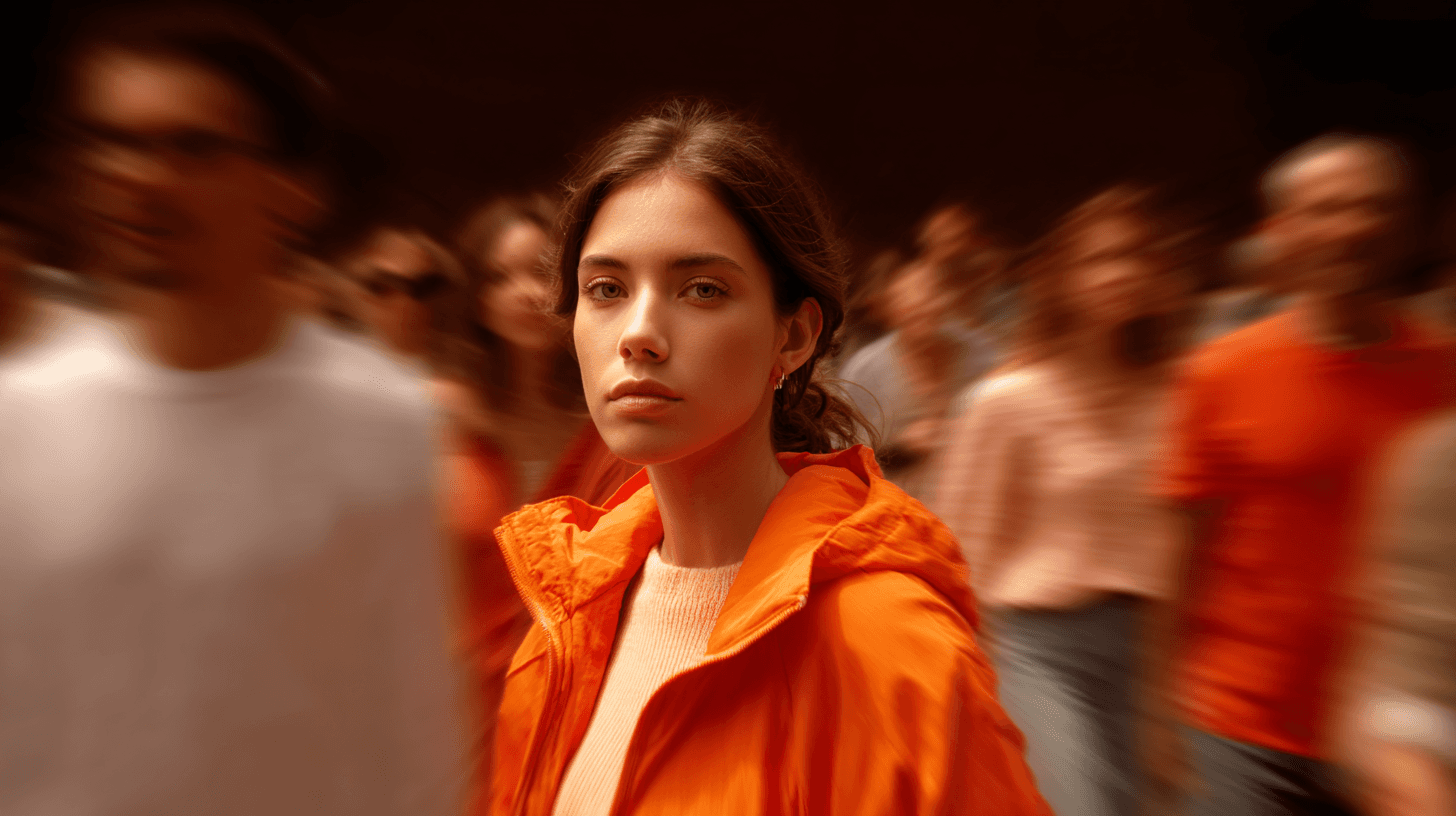 Orange jacket women standing street motion blur portrait