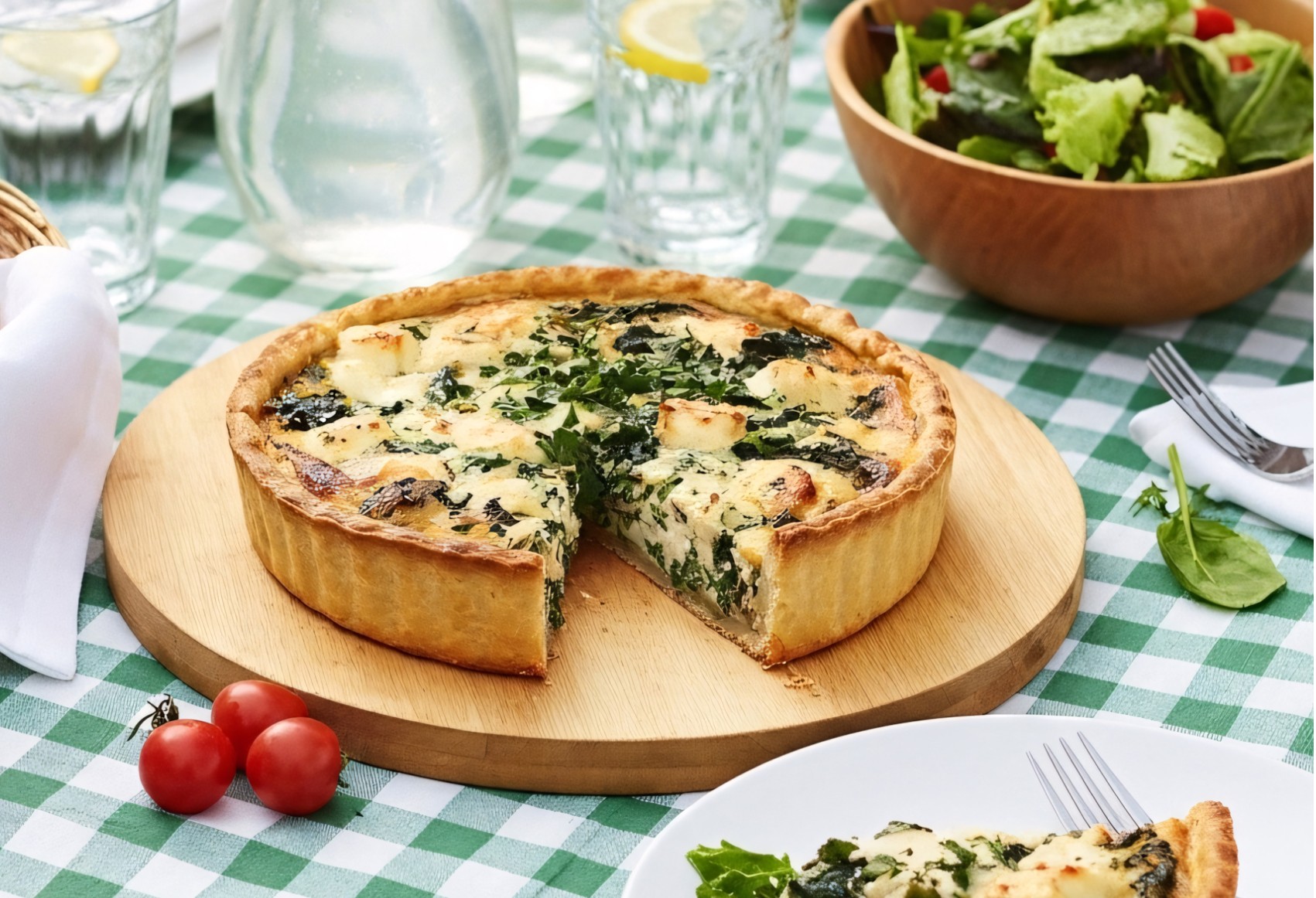 A spinach and cheese quiche with a golden crust is placed on a wooden board, surrounded by fresh cherry tomatoes and a bowl of salad, set on a green and white checkered tablecloth.