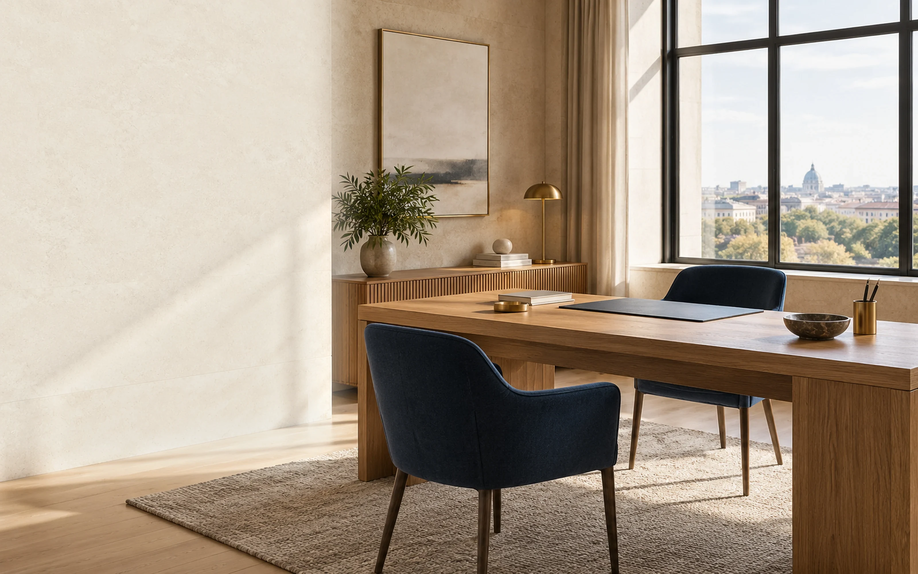 A calm advisory office in morning light, with an oak table, navy chairs and a city view