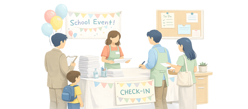 Parent volunteers checking in at a school event