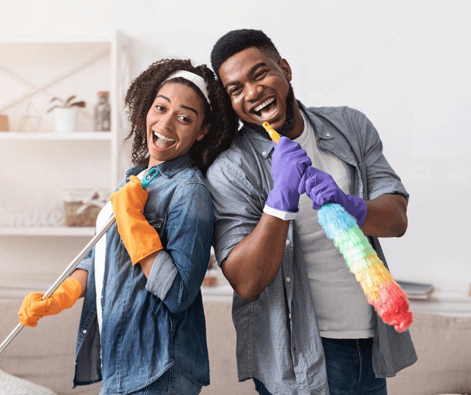 smiling people ready for spring cleaning