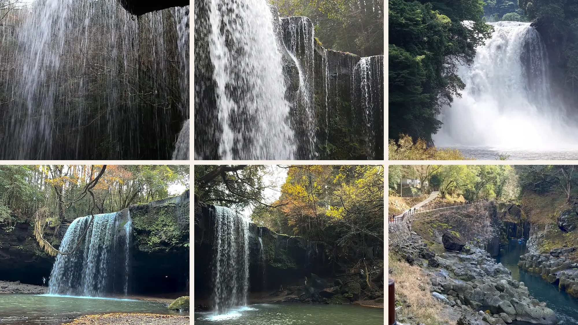 Six waterfalls in the Oguni valley near Kurokawa Onsen, from wide curtains of water to a mossy gorge