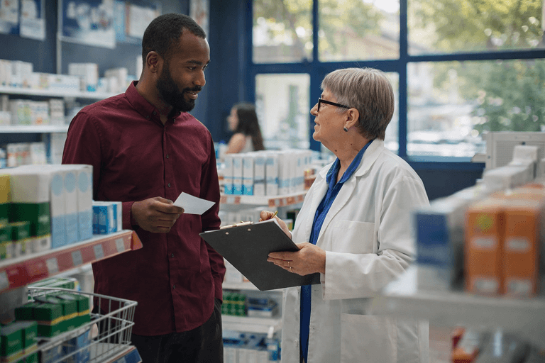 Healthcare professional discussing requirements with a partner in a clinical setting, symbolizing collaboration and oversight when outsourcing healthcare product development.