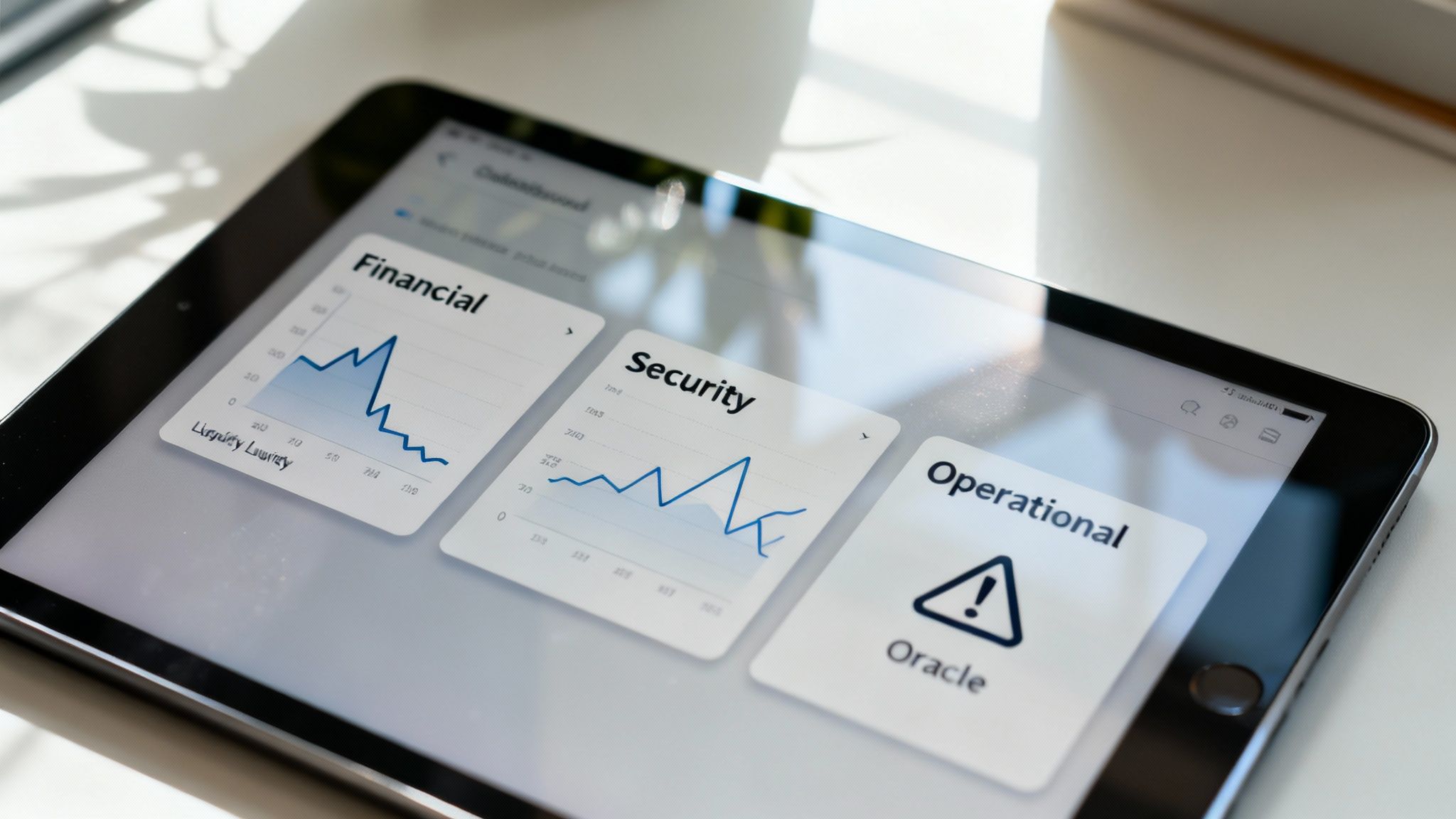A tablet displays a business dashboard with financial, security, and operational metrics, including a warning.