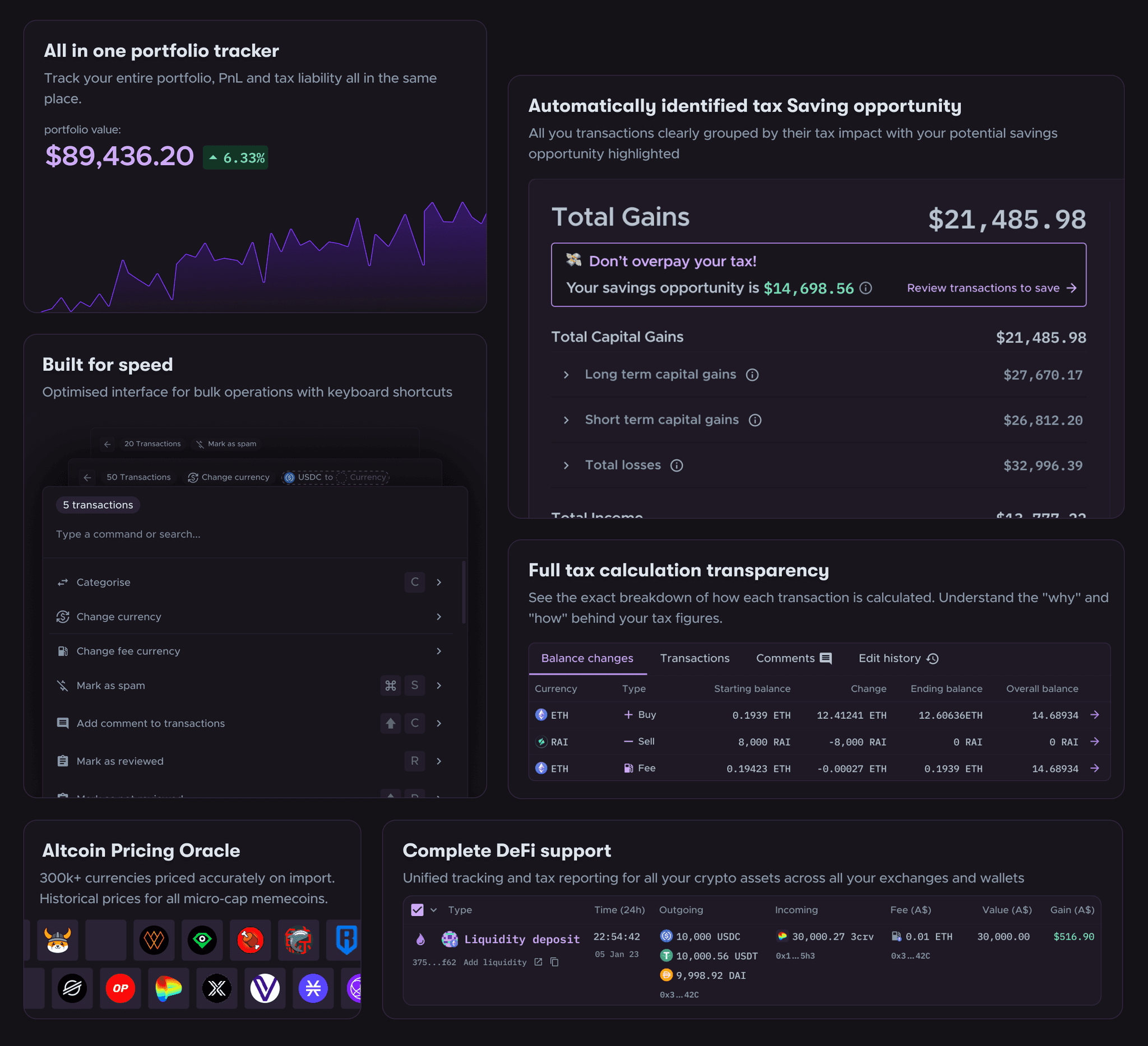 Image of features in crypto tax calculator