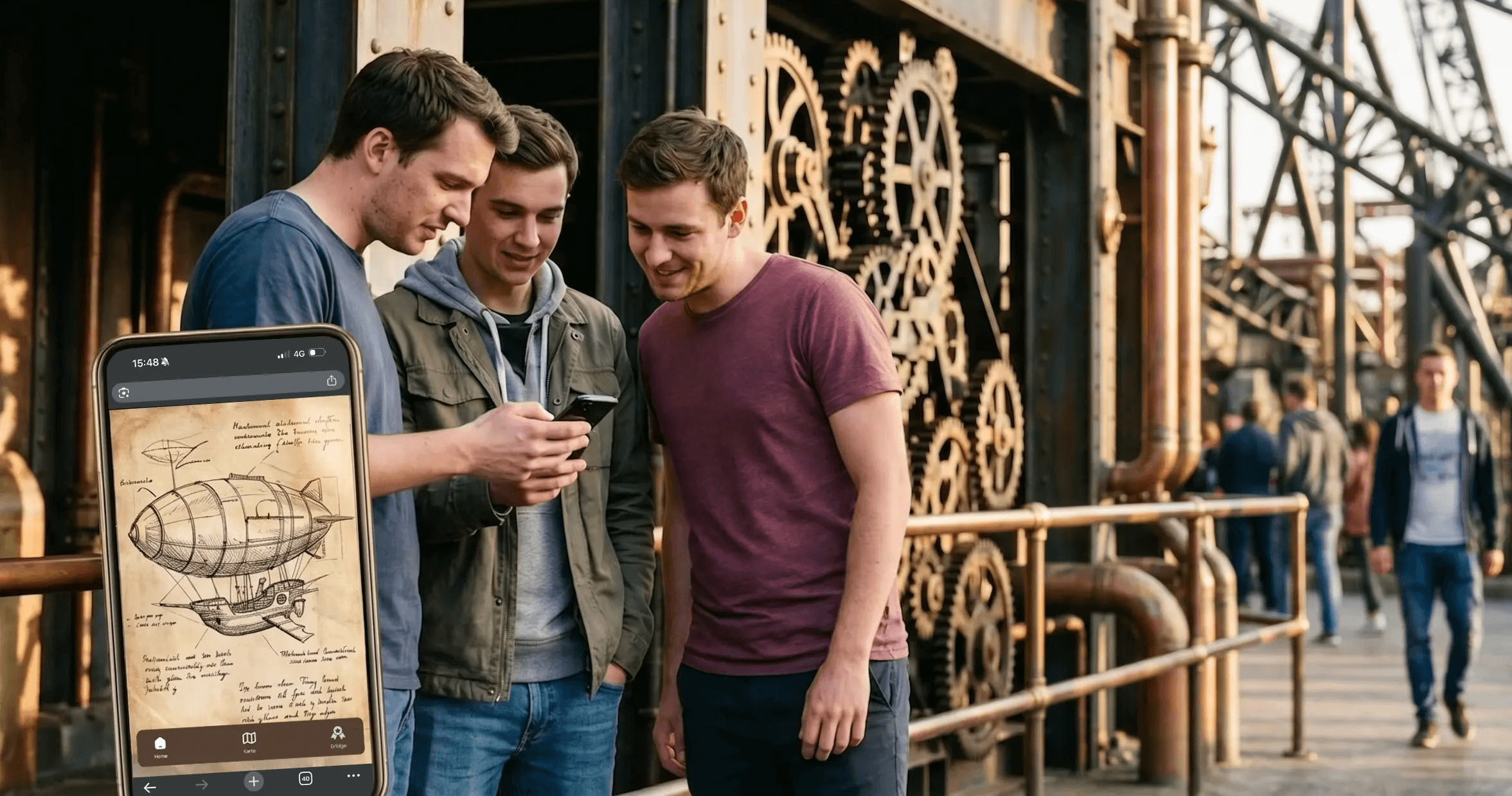 Drei junge Männer haben sich um ein Telefon versammelt, das den Entwurf eines Luftschiffs vor einem Steampunk-Gebäude zeigt