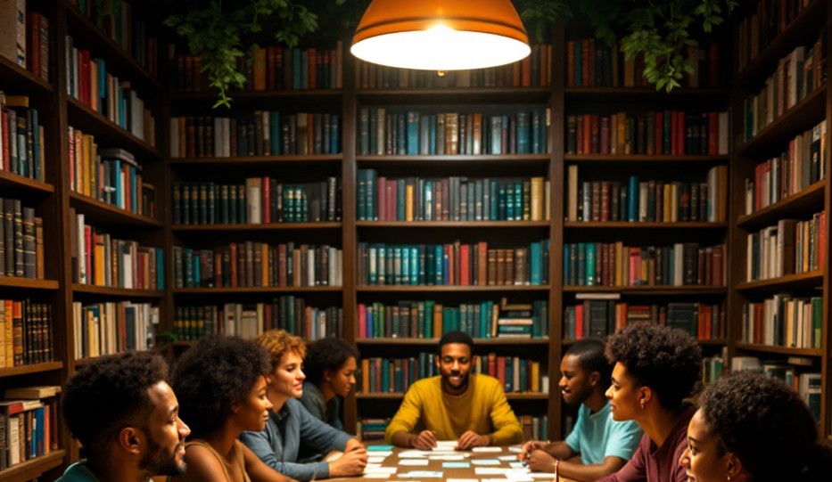  A group of friends sitting around a table, playing a literature-themed trivia game. The game cards feature classic authors like Shakespeare, Jane Austen, and Charles Dickens, and players excitedly debate the correct answer.