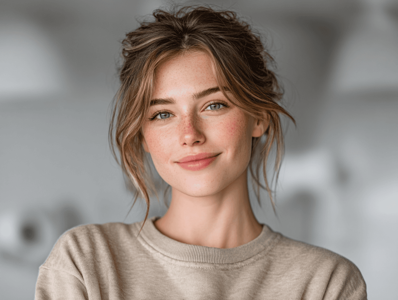 Close-up portrait of a young woman with light brown hair in a half-updo, freckles, and a gentle smile.