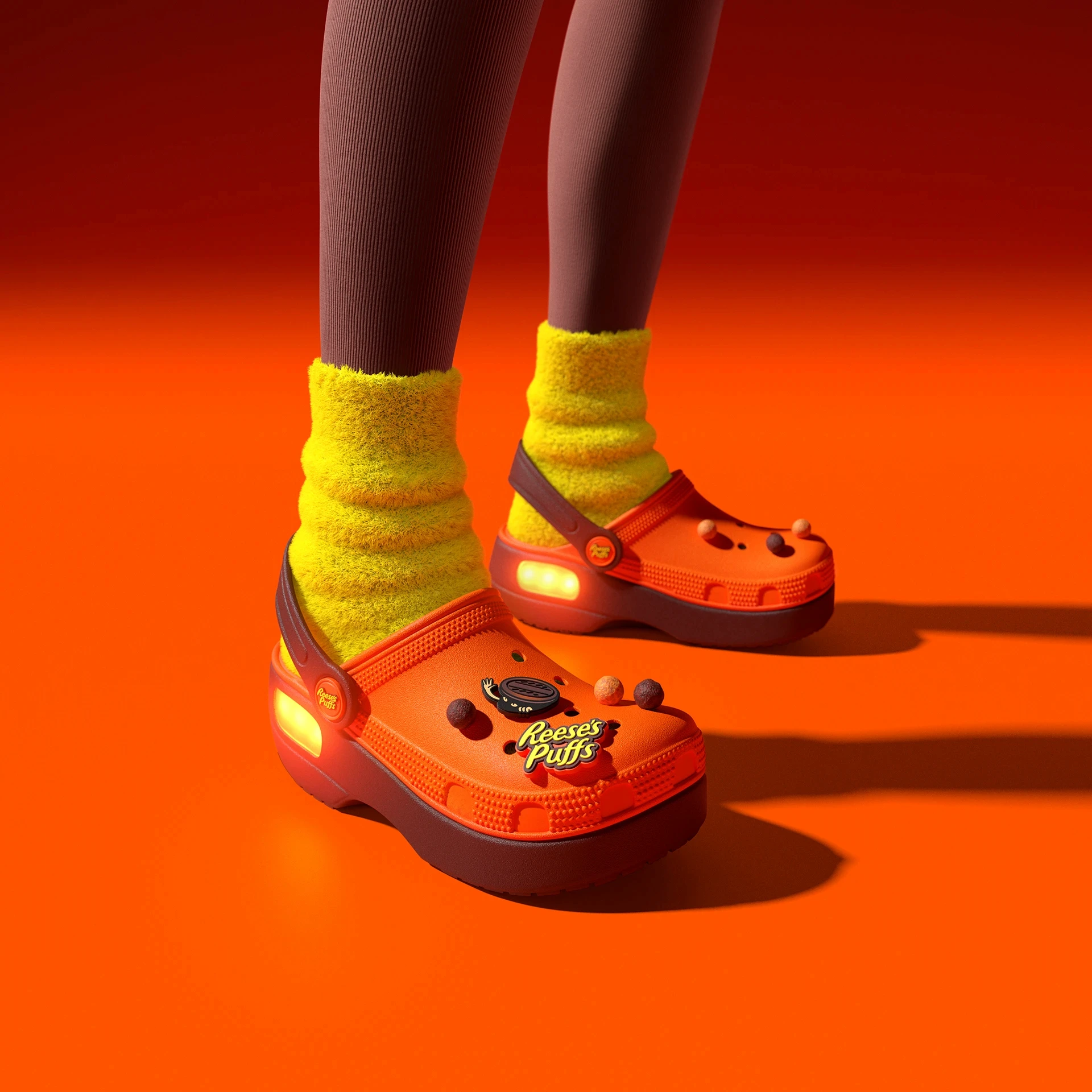 Reese's Puffs Dark Chocolate 3D render, branded Crocs with yellow socks, orange background