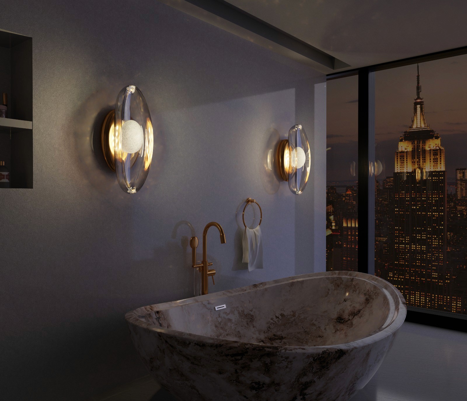 Night view and brass and glass chandelier at the bathroom