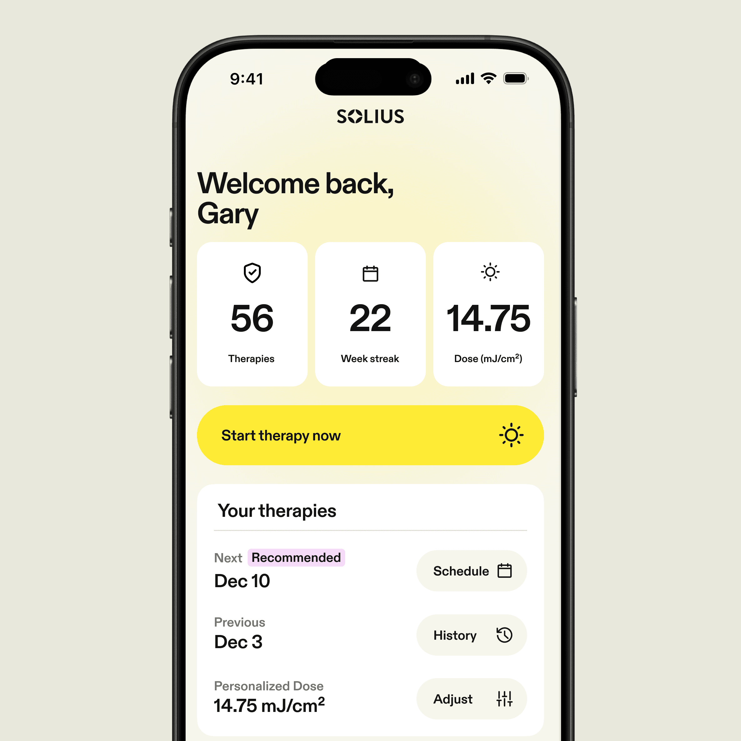 Minimal dashboard card showing therapy details with next recommended date, previous session date, personalized dose, and options to schedule, view history, or adjust settings