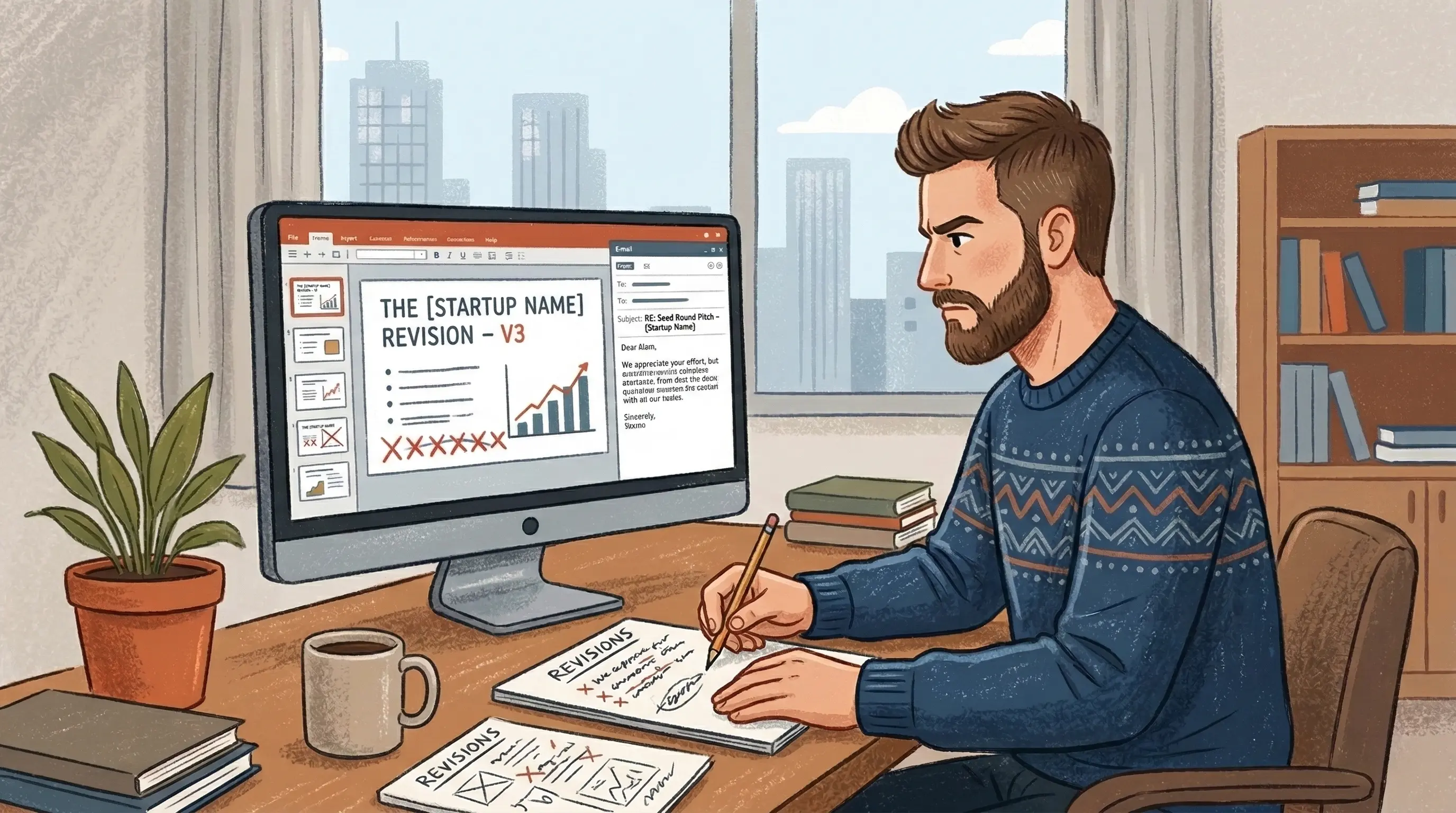 A determined founder sitting at a desk, reviewing a pitch deck on a monitor and making notes for revisions after a rejection email.