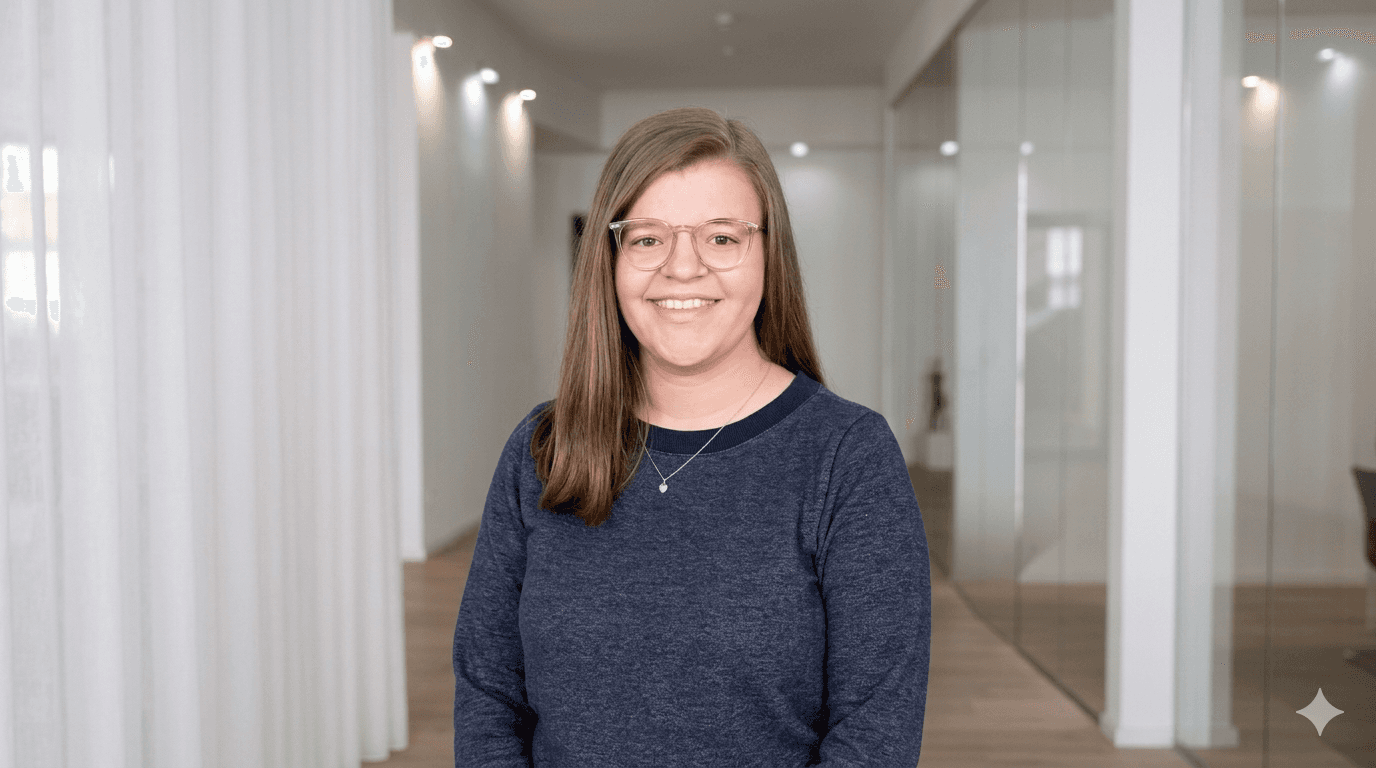 Porträt einer jungen Frau mit langen braunen Haaren und rosafarbener Brille, die lächelnd in die Kamera schaut. Sie trägt ein dunkles Oberteil und eine feine Halskette vor hellem, neutralem Hintergrund. Bei der jungen Frau handelt es sich um Lene Hirschberger
