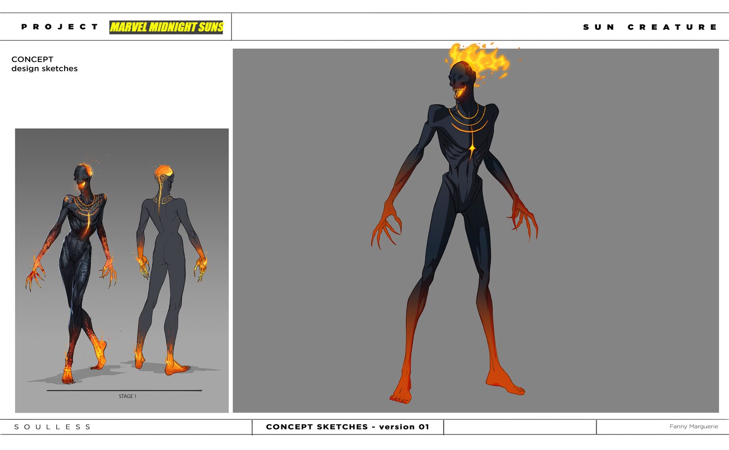 A character design for Soulless from Marvel’s Midnight Suns, featuring its fiery skull and demonic attributes in striking detail.