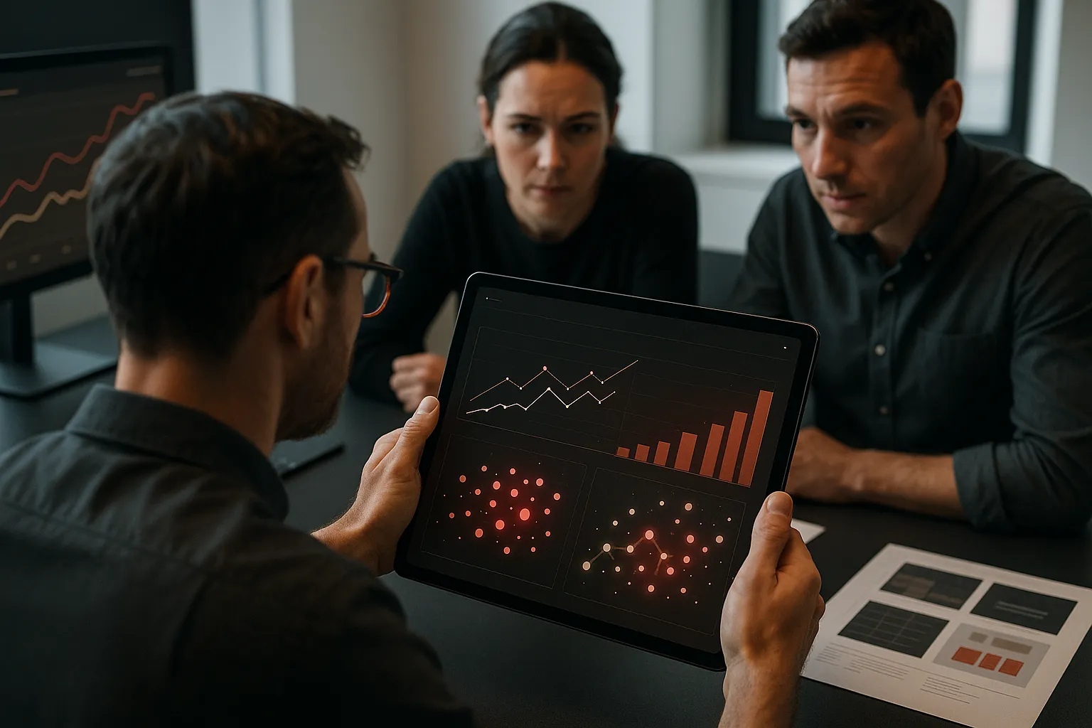 Digital marketers at RockN' Socials analyze data on tablets.