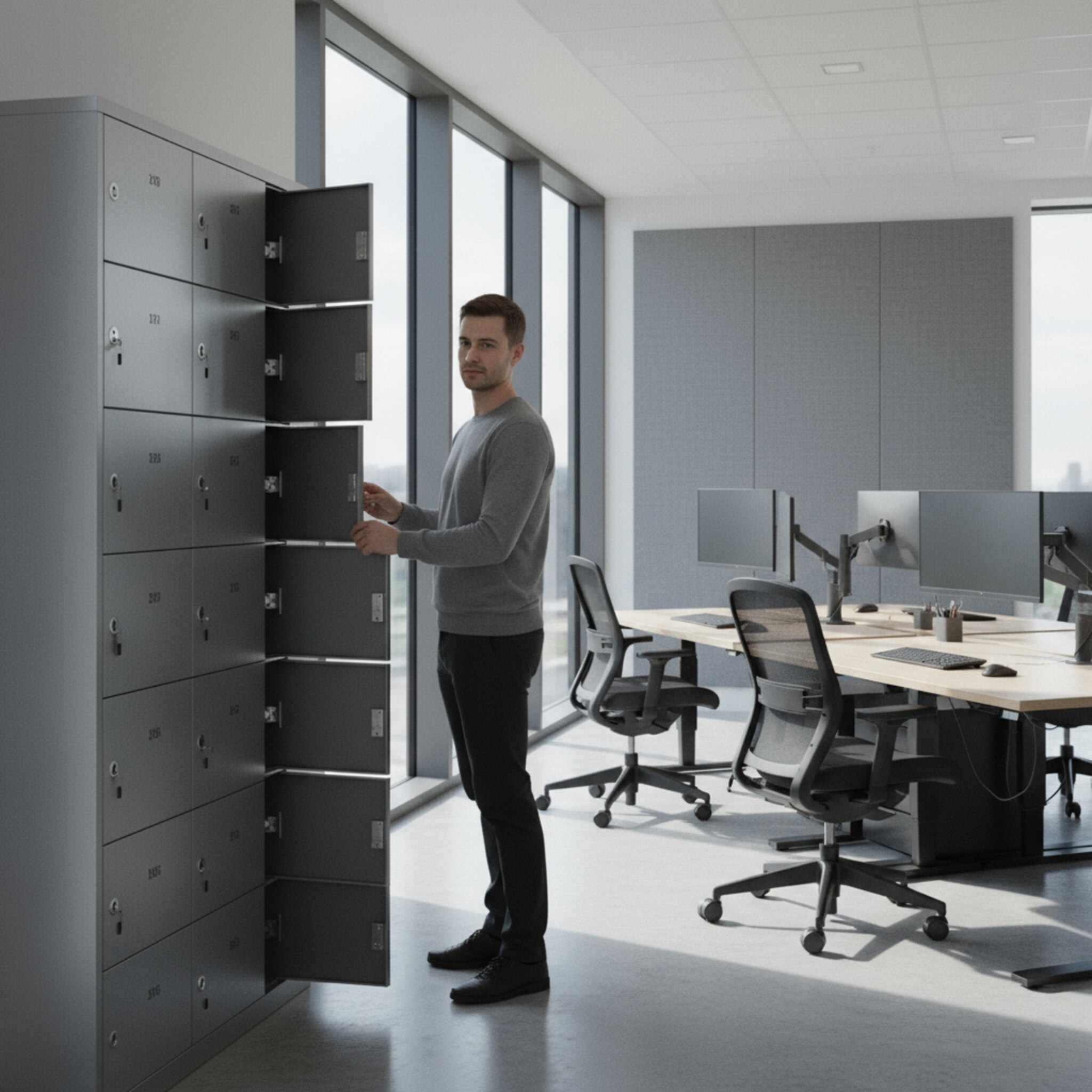 Ein verschließbarer Schrank mit nummerierten Fächern steht neben einer Reihe ergonomischer Arbeitsplätze. Einzelne Fächer sind geöffnet und leer, andere geschlossen und bereit zur Nutzung. Eine Person schließt ein Fach sorgfältig ab. Die Szene wirkt strukturiert, nachvollziehbar und greifbar, ohne technische Ablenkungen.