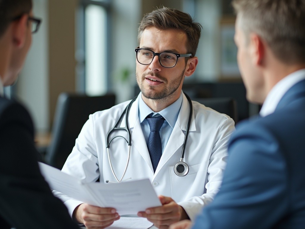 A doctor is reviewing documents with two clients.