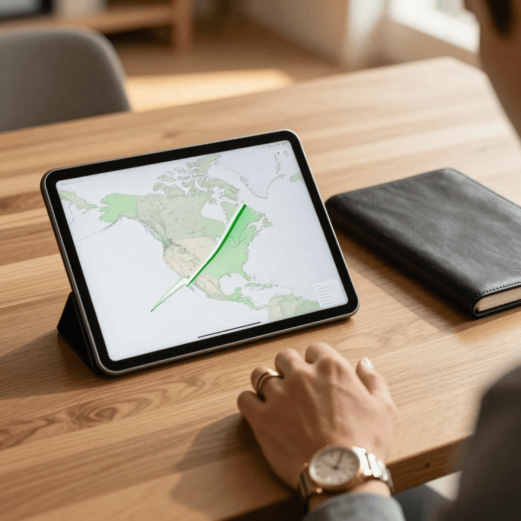 Investidor olhando um tablet com mapa dos EUA.