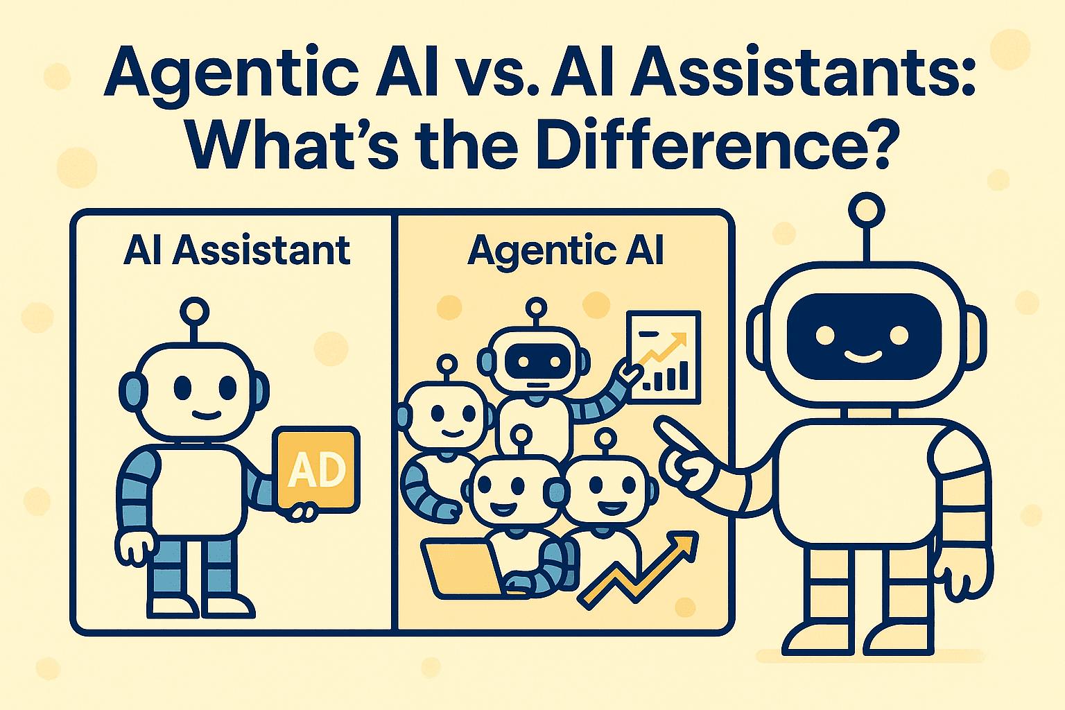 Illustration comparing a single-task AI assistant to a coordinated team of agentic AI robots managing the entire ad workflow.