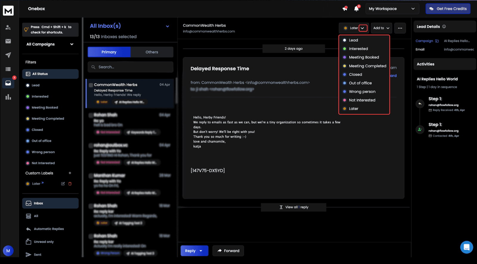 ReachInbox Onebox view showing email replies with lead status options like Interested, Meeting Booked, and Not Interested.