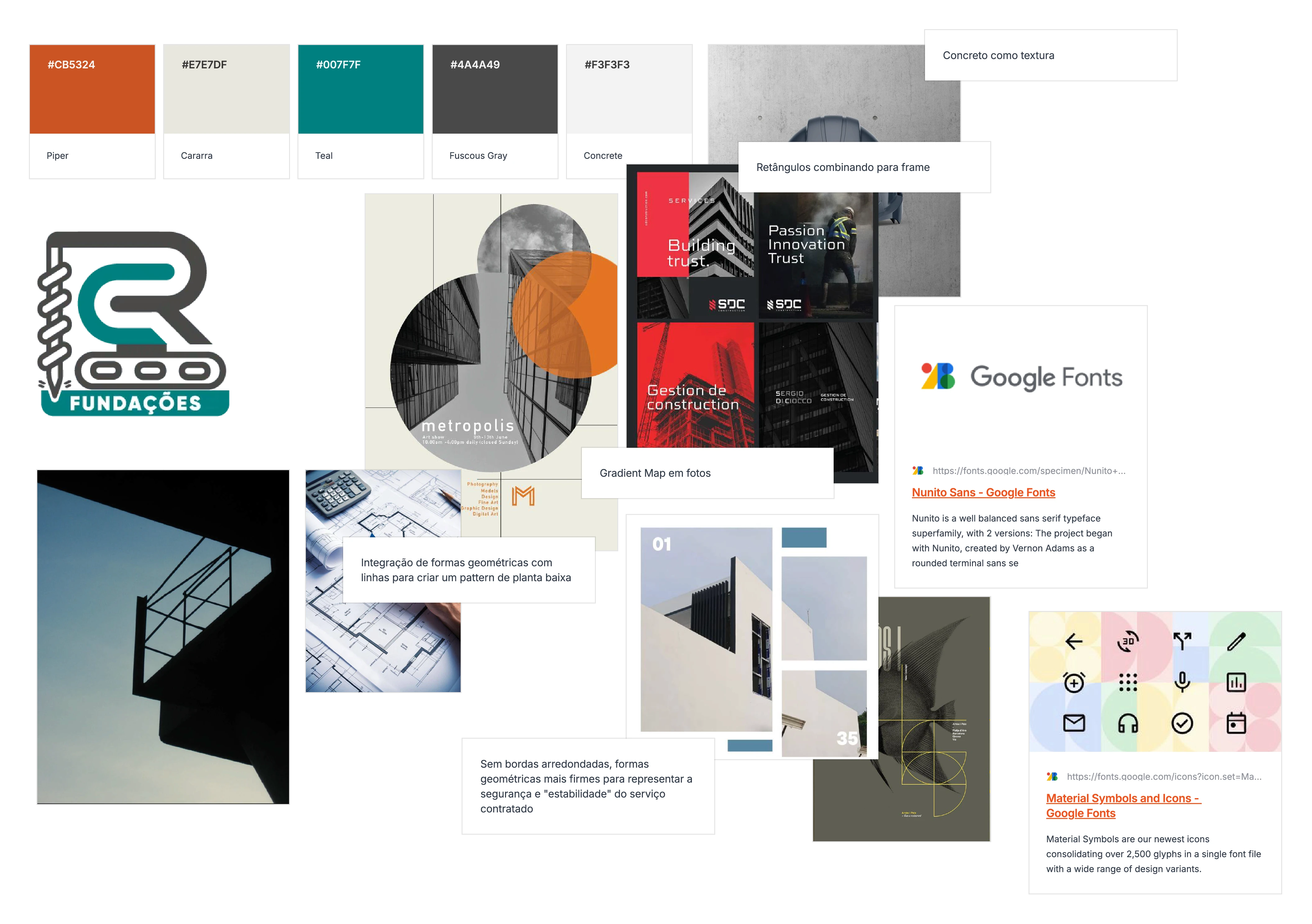 Painel de inspiração (moodboard) de identidade visual para CR Fundações, exibindo a paleta de cores (laranja Piper, cinza Cararra, azul-petróleo Teal e grafite Fuscous Gray), o logotipo da empresa com formato de esteira mecânica, referências arquitetônicas com formas geométricas, projetos de planta baixa, a tipografia Nunito Sans do Google Fonts e o conjunto Material Symbols and Icons.