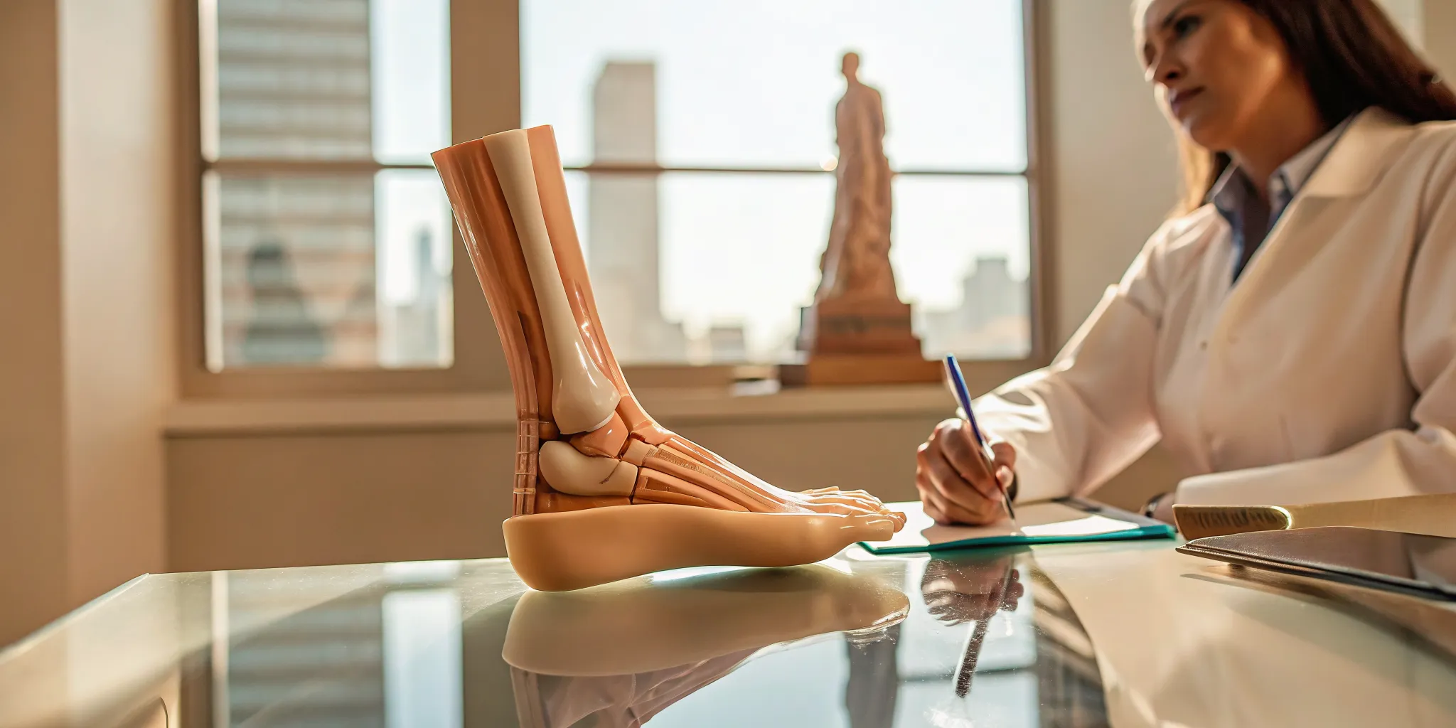Philadelphia podiatrist explaining Lapiplasty bunion surgery with a foot model during a consultation.