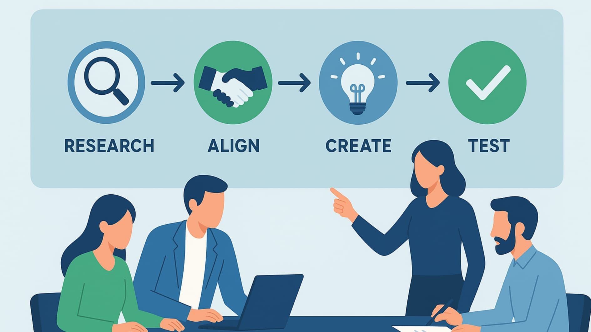 Illustration of process for defining unique value proposition using step-by-step icons and teamwork visuals.