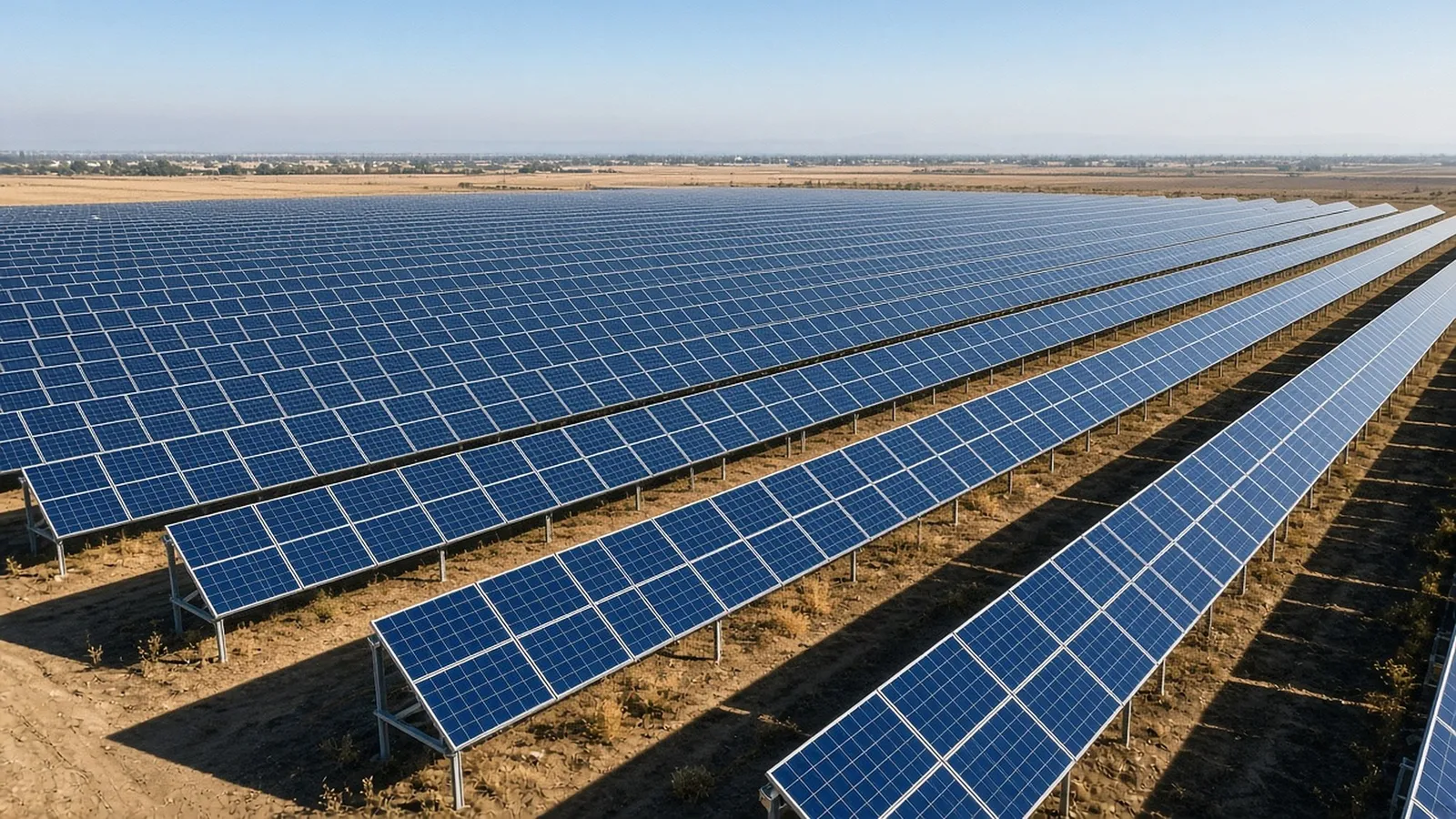 AI illustration, not a real inspection: clean solar row, side angle