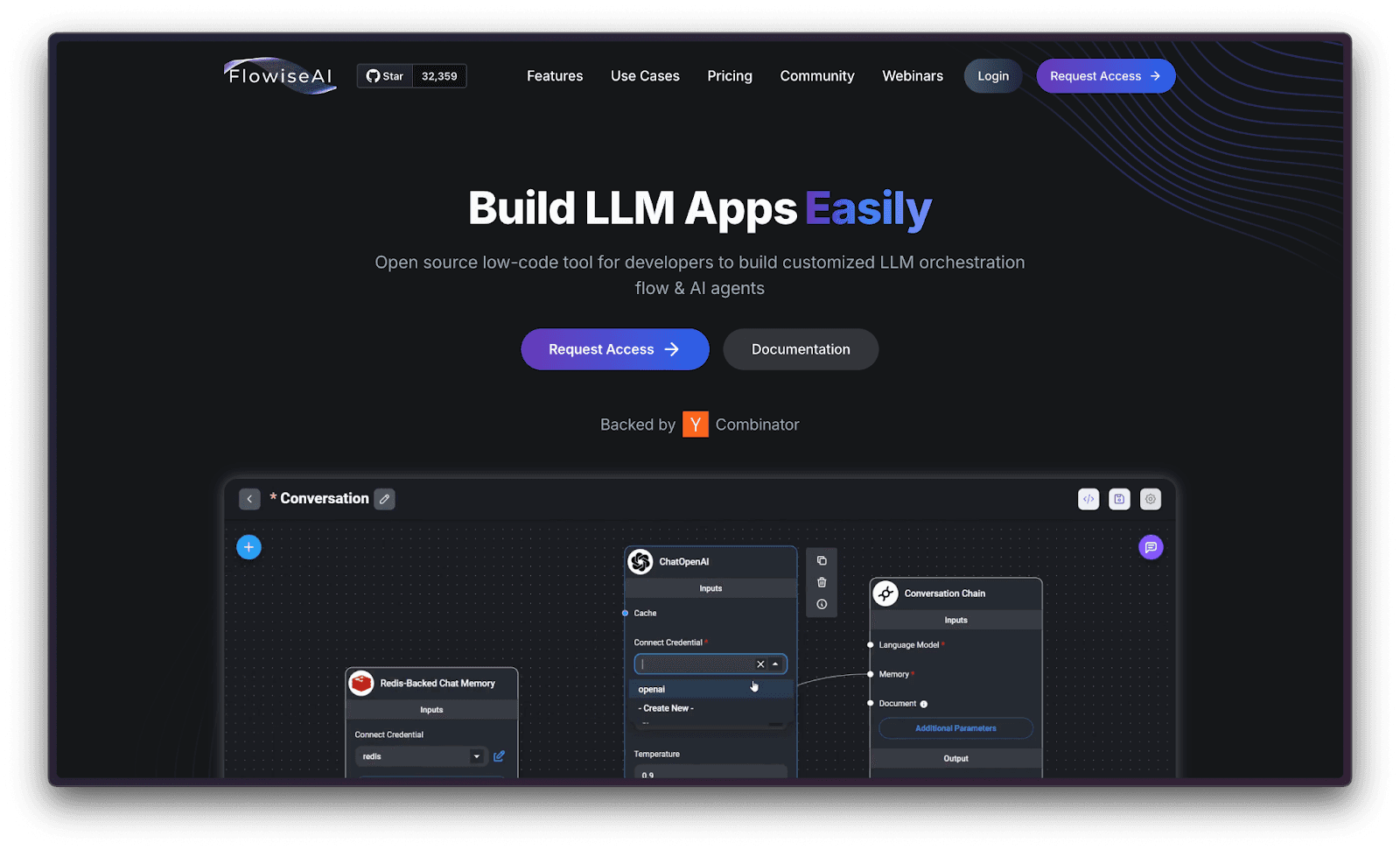 The page emphasizes FlowiseAI as a no-code platform for building LLM-driven workflows, showcasing a drag-and-drop interface for visual workflow creation and a call-to-action button inviting users to explore or get started