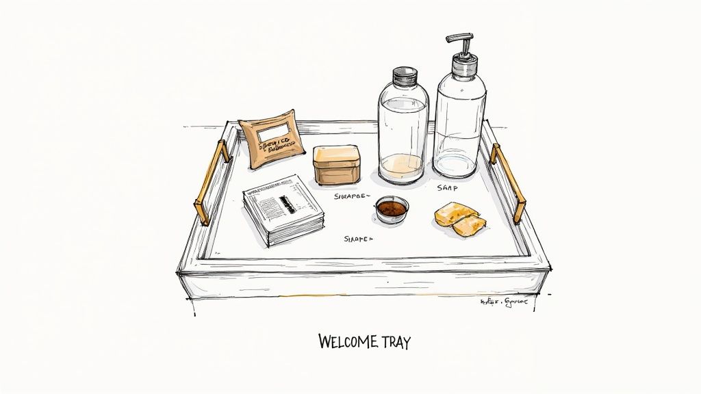 An illustrated welcome tray with toiletries, a clear pump bottle of soap, information booklets, and small amenities.