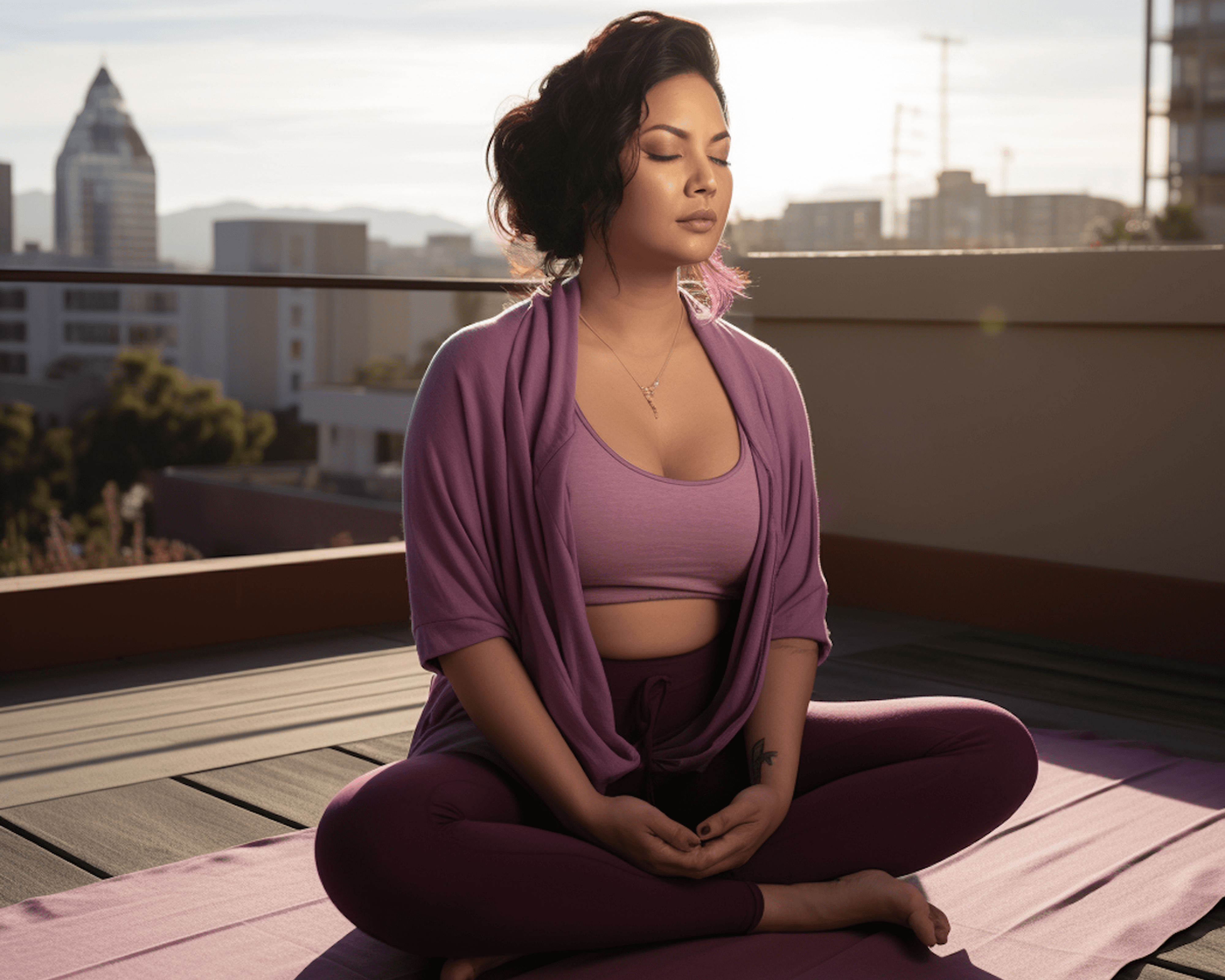 Person meditating on rooftop in purple athletic wear with cityscape background