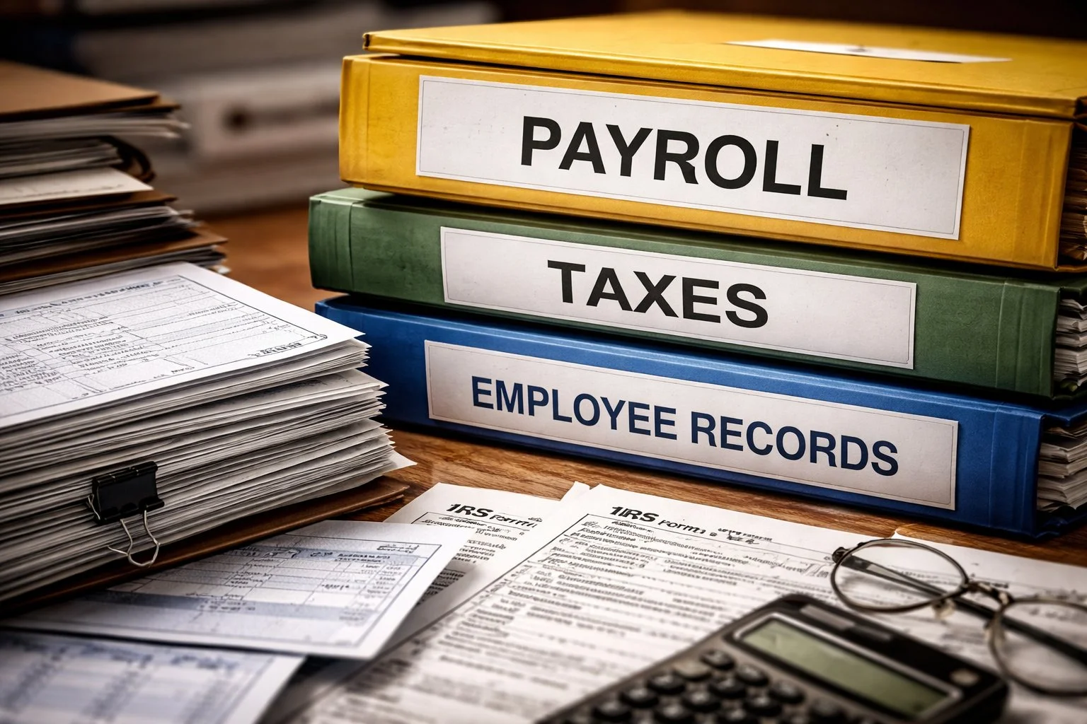 Stack of payroll folders, check stubs, and withholding documents, highlighting business responsibility and financial risk.
